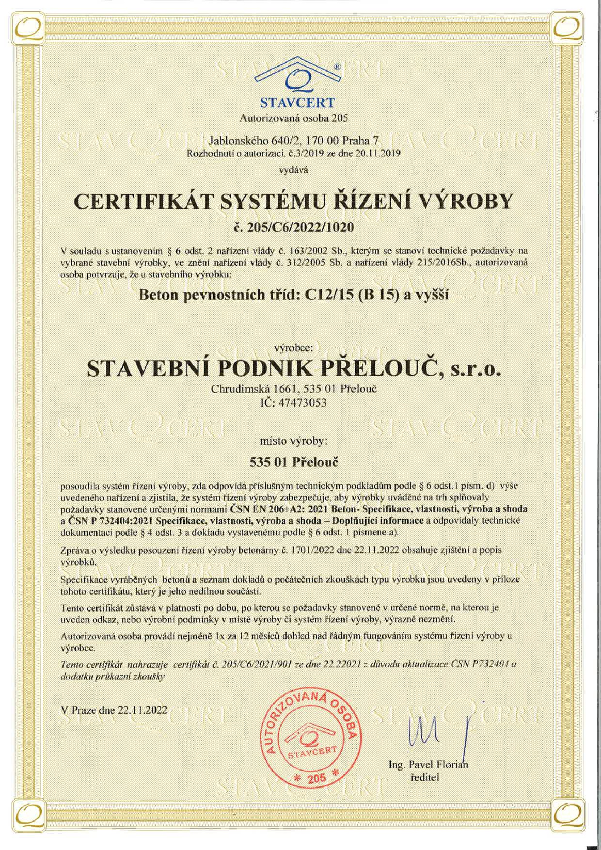 Certifikát řízení výroby